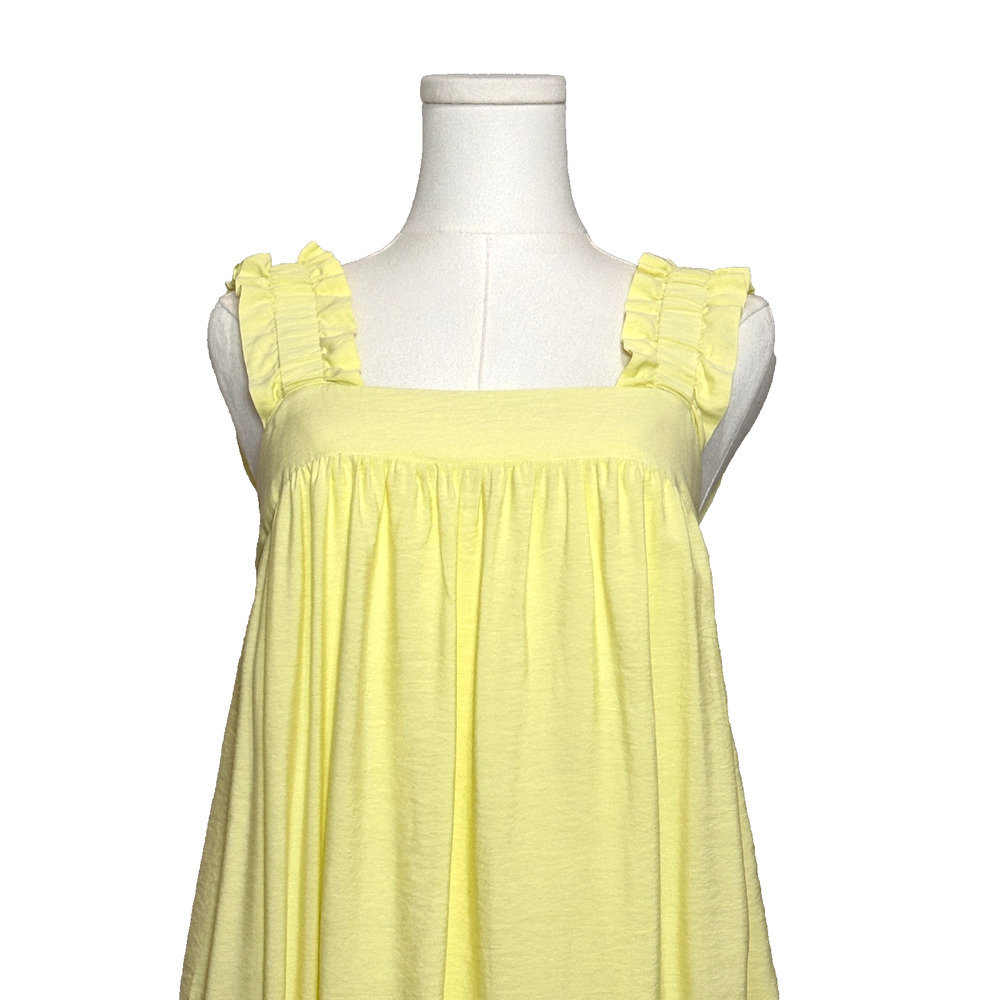 A New Day Yellow Nap Dress Ruffle Straps Smocked Back Midi Dress Pockets - Picture 2 of 8